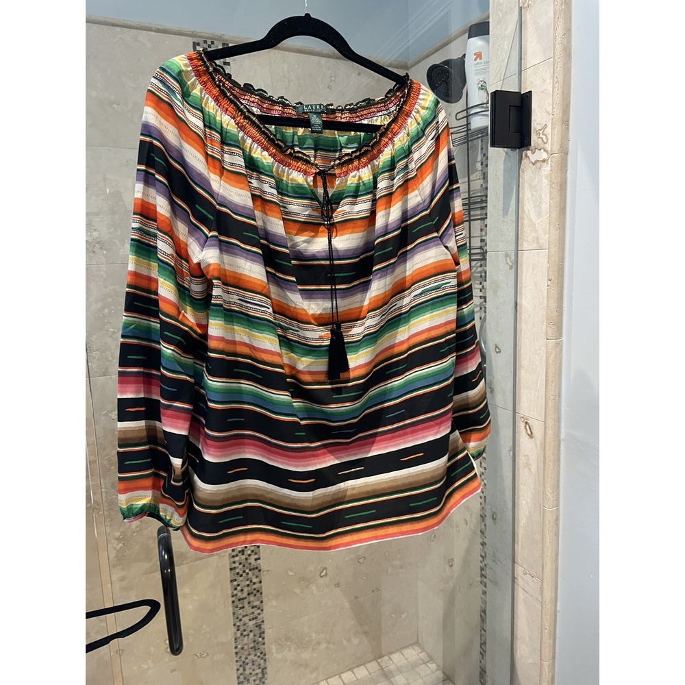 Ralph Lauren Art-to-Wear Multi Color Tassel Smocked Neck Tunic Top XL
